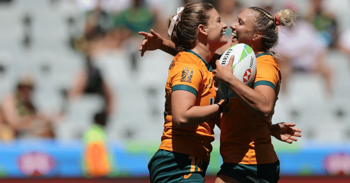 Australia’s Isabella Nasser and Teagan Levi celebrate a try against USA on day two of the HSBC SVNS at Cape Town Stadium on 10 December, 2023 in Cape Town, South Africa.