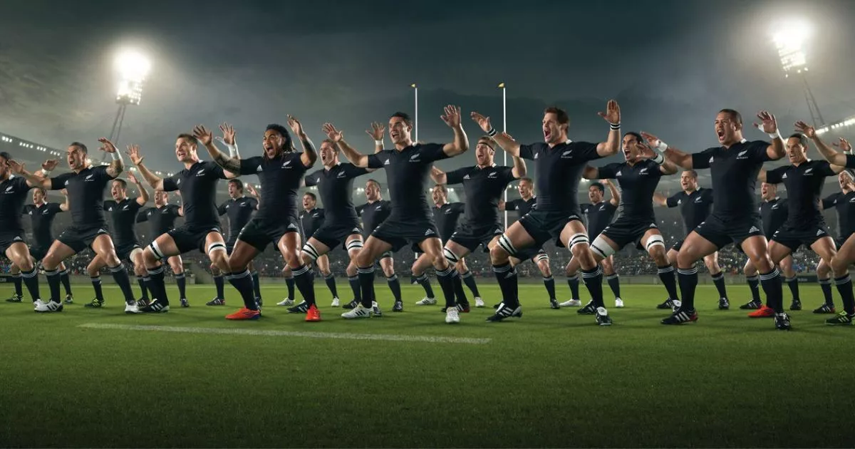 The All Blacks team performing a Haka