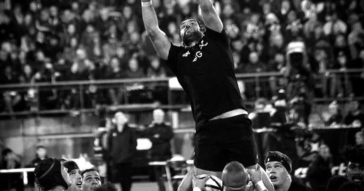 All Blacks lock Sam Whitelock catches the ball during a lineout.