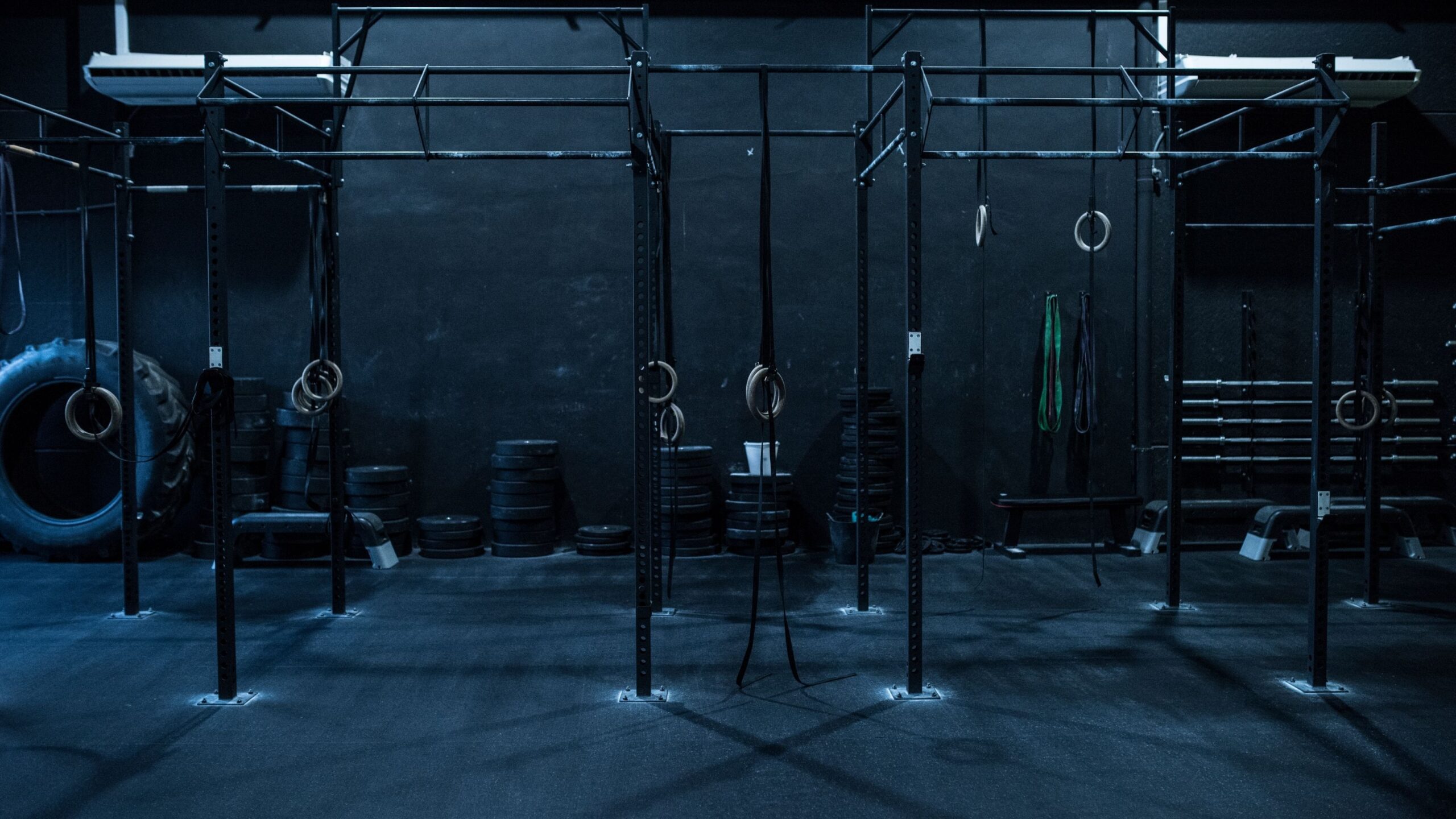 A gym in dark lighting.
