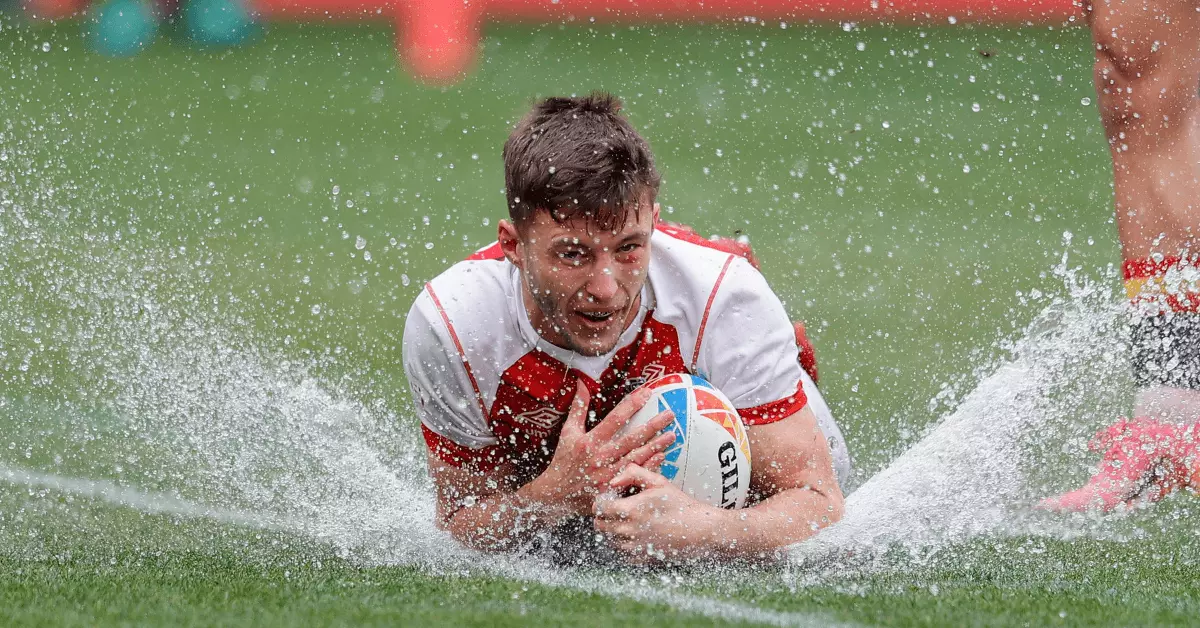 Great Britain's Morgan Williams dives in a try against Spain on day one of the HSBC Los Angeles Sevens at Dignity Health Sports Park on 25 February, 2023 in Los Angeles, United States.