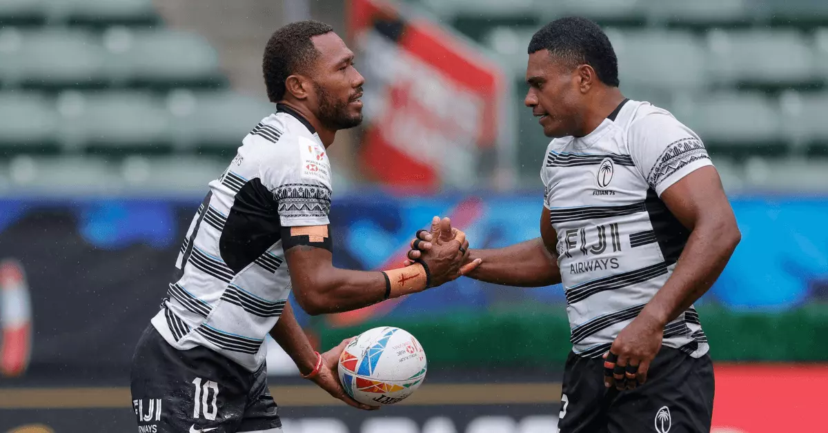 Fiji's Iowane Teba and captain Tevita Daugunu celebrate a try against Japan on day one of the HSBC Los Angeles Sevens at Dignity Health Sports Park on 25 February, 2023 in Los Angeles, United States.