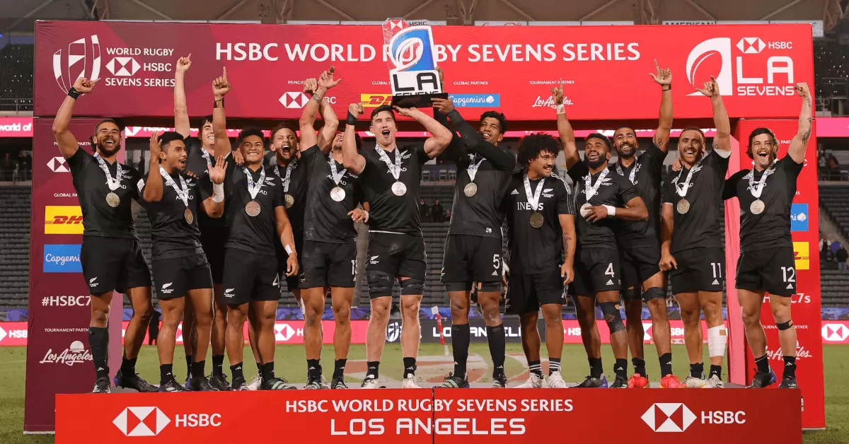 New Zealand is the gold medal winner on day two of the HSBC Los Angeles Sevens at Dignity Health Sports Park on 26 February, 2023 in Los Angeles, United States.