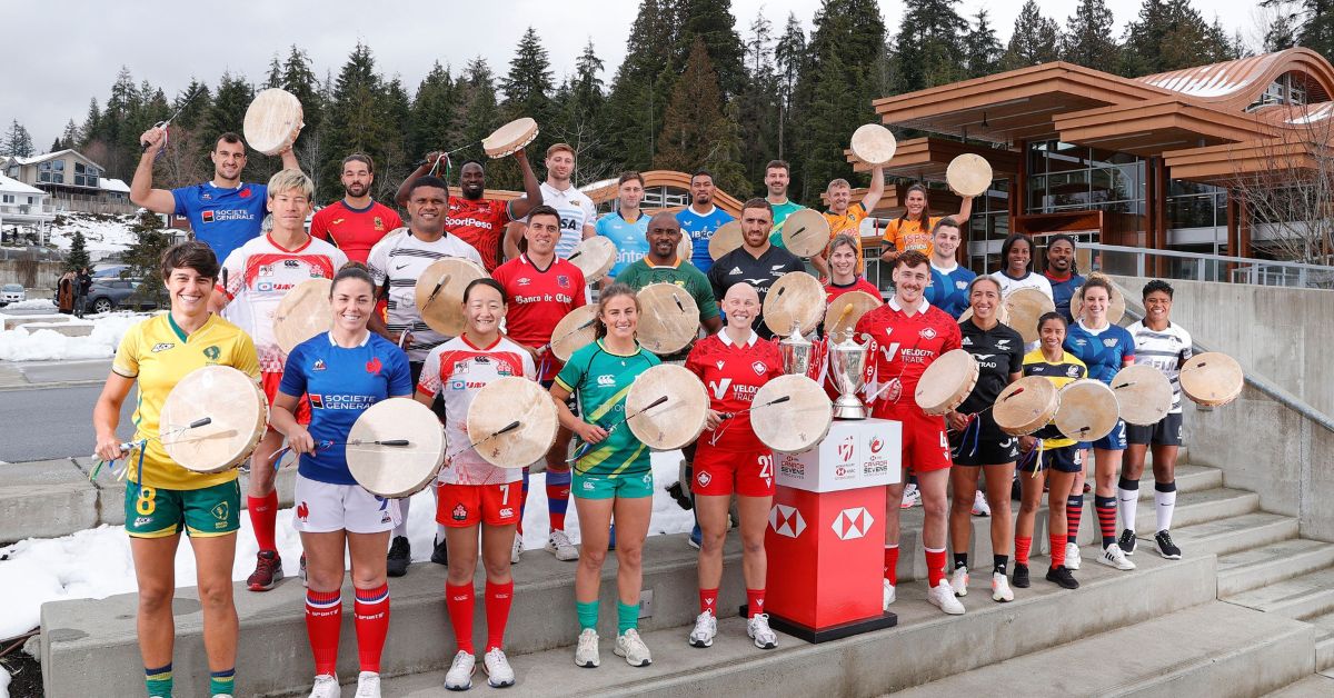 All 28 captains at the captain's photo prior to the HSBC Canada Sevens at Tsleil-Waututh Nation Administration Building on 1 March, 2023 in Vancouver, Canada.