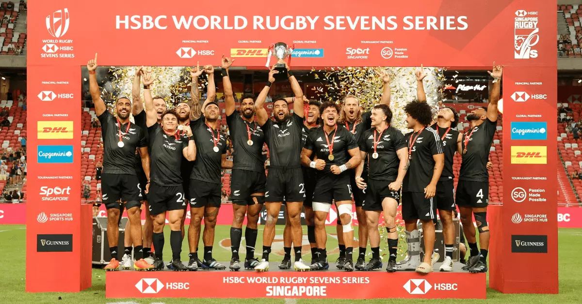 New Zealand is the gold medal winner on day two of the HSBC Singapore Sevens at Singapore National Stadium on 9 April, 2023 in Kallang, Singapore
