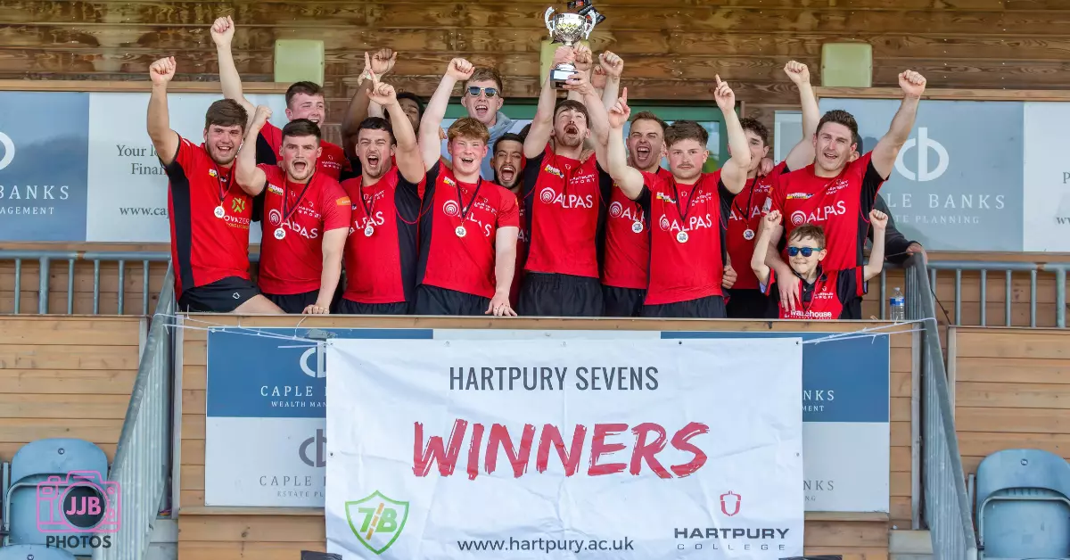 Hartpury Sevens 2023 winners Hartpury RFC lift the trophy