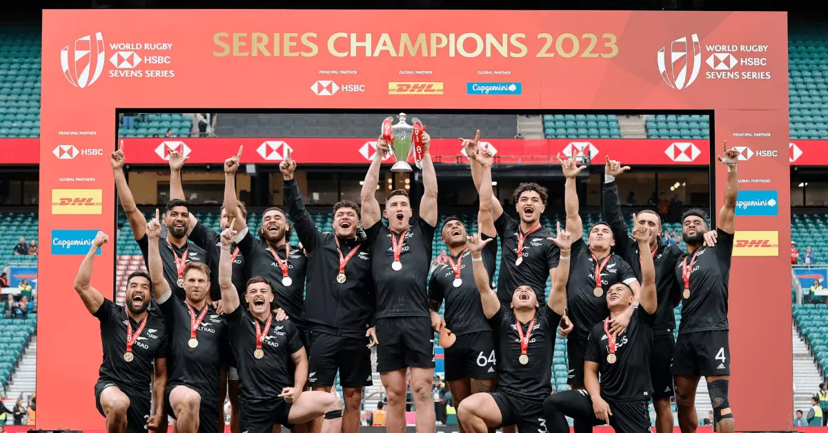 New Zealand celebrates as the Series champion on day two of the HSBC London Sevens at Twickenham Stadium on 21 May, 2023 in London, United Kingdom.