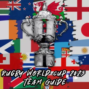 The William Web Ellis trophy surrounded by flags from all over the world. The trophy is the rugby world cup winning trophy, and the flags represent the different countries that participate in the rugby world cup 2023.