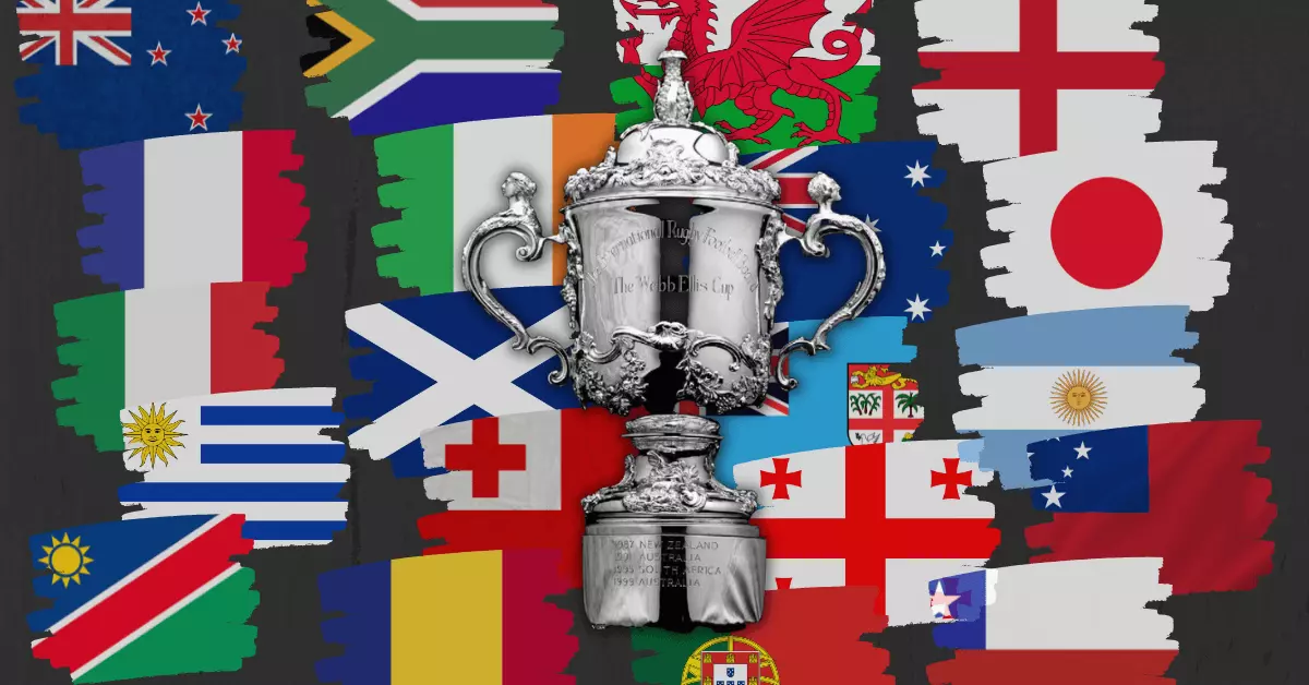 Image of the William Web Ellis trophy surrounded by flags from all over the world. The trophy is the rugby world cup winning trophy, and the flags represent the different countries that participate in the rugby world cup 2023.