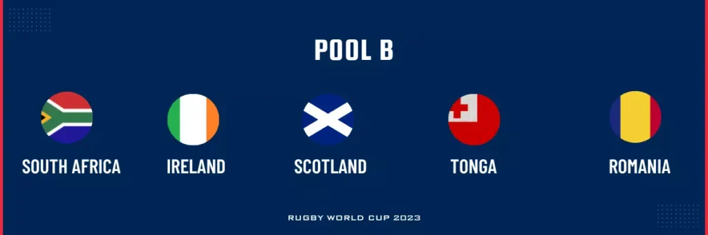 Pool B of the 2023 Rugby World Cup features four of the top teams in the world: South Africa, Ireland, Scotland, Tonga, and Romania. This image shows the flags of the four countries arranged in a circle on a blue background.