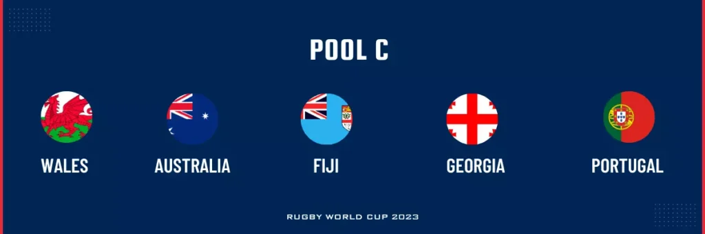  This image shows the flags of the countries in Pool C for the 2023 Rugby World Cup: Wales, Australia, Fiji, Georgia, and Portugal. The pool is considered to be one of the toughest in the tournament, with all five teams capable of winning.