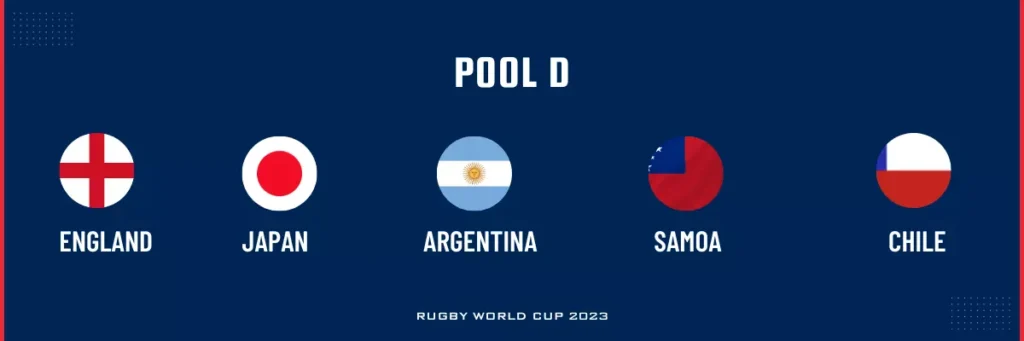 Image of the flags of England, Japan, Argentina, Samoa, and Chile, competing in Pool D of the 2023 Rugby World Cup.