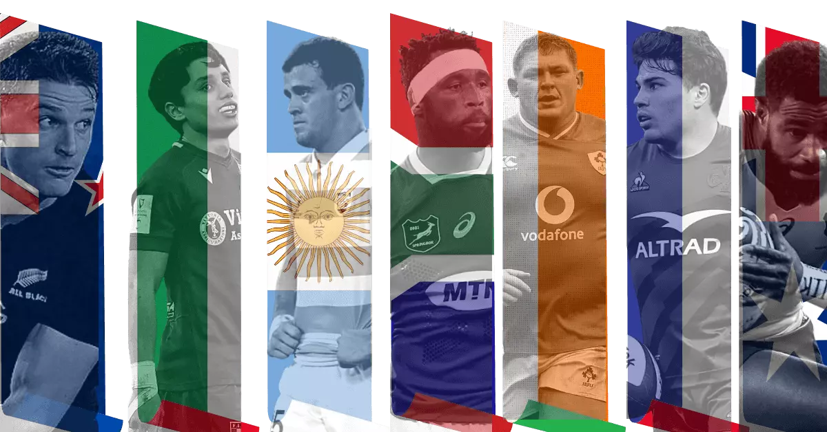 The image shows 7 of the best players in the world including Beauden Barrett, Ange Capuozzo, Emiliano Boffelli, Siya Kolisi, Tadhg Furlong, Antoine Dupont, Marika Koroibete