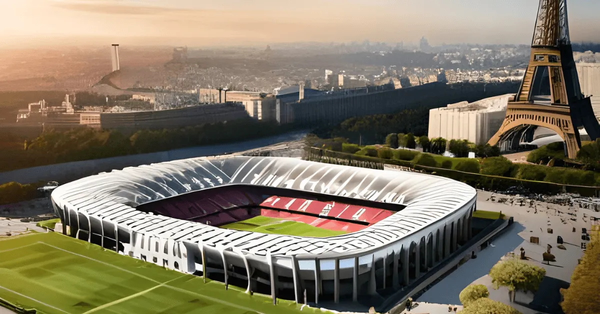 The image shows an aerial view of a rugby stadium with the Eiffel Tower in the background. The stadium is located in Paris, France. The image is well-composed and captures the beauty of the stadium and the Eiffel Tower.