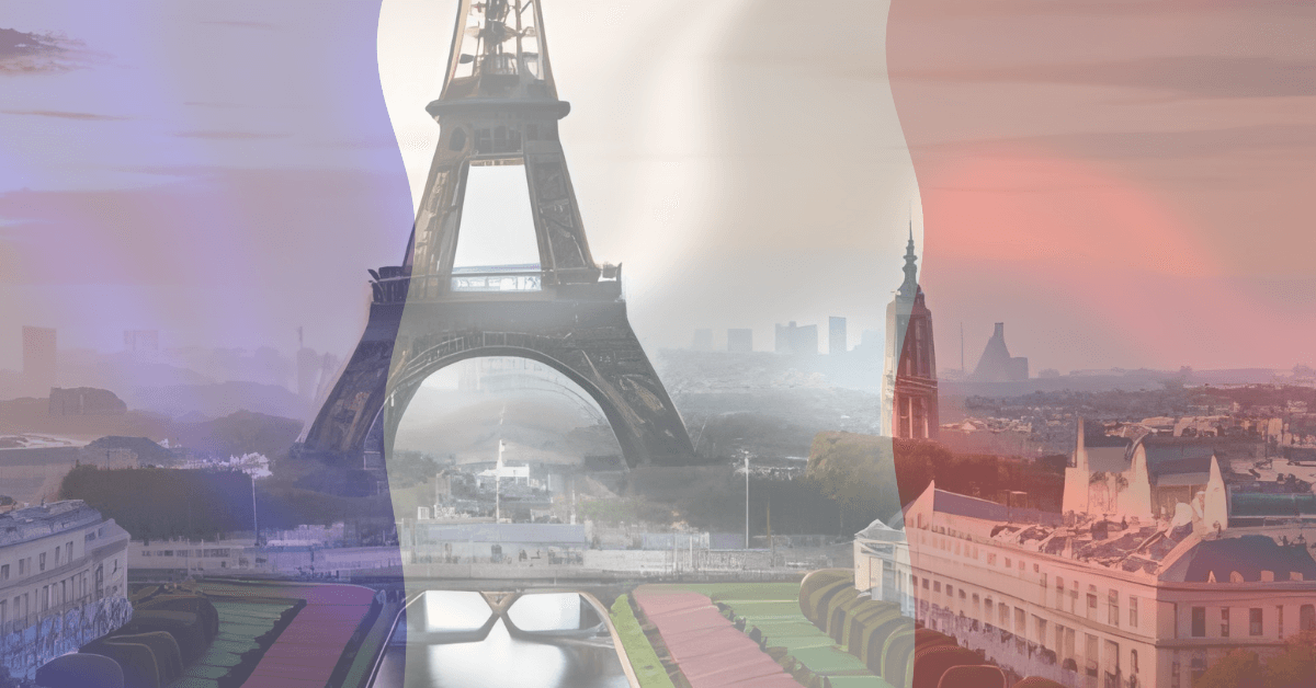 The image feature the French flag waving gracefully in the foreground, while in the background, showcase significant French landmarks such as the Eiffel Tower, the Louvre Museum, and Notre-Dame Cathedral.