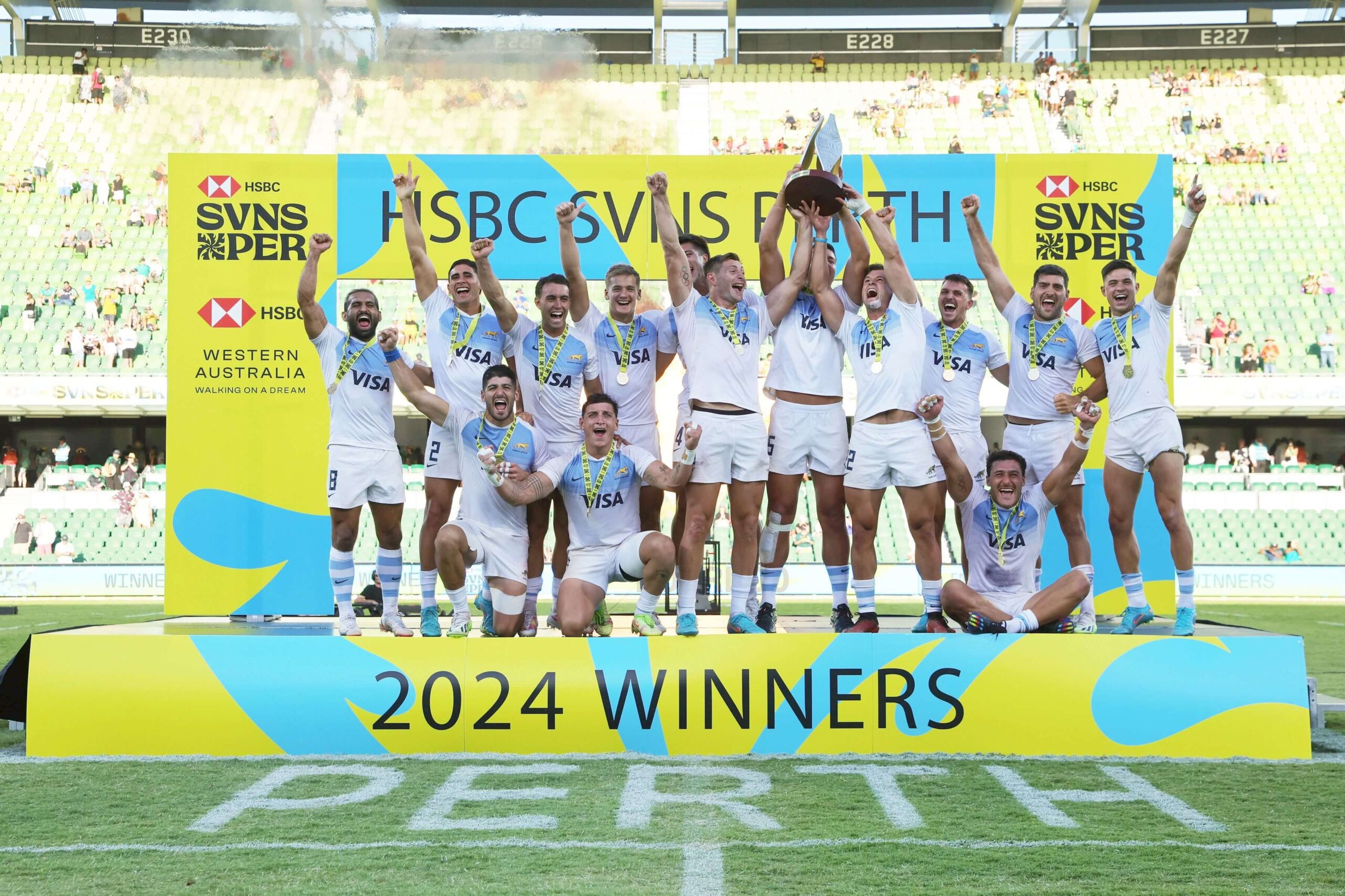 Argentina players celebrate the cup final win over Australia on day three of the HSBC SVNS at HBF Park on 28 January, 2024 in Perth, Australia.