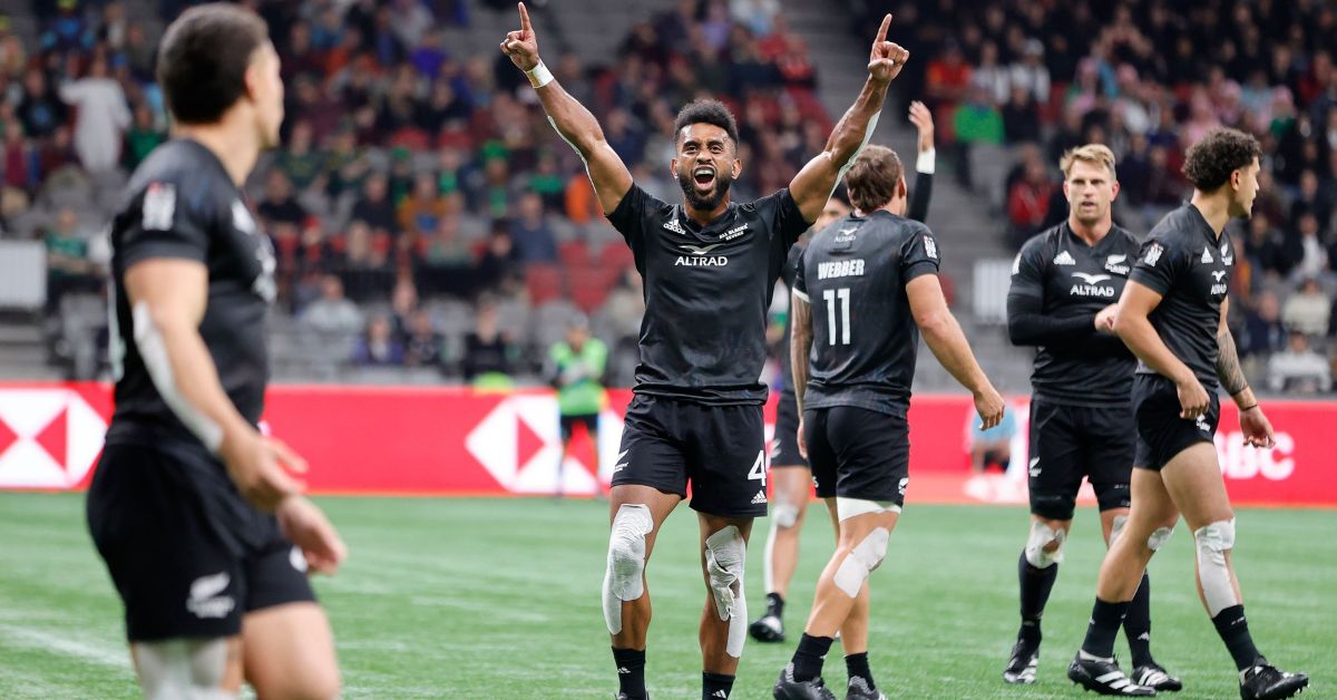 New Zealand’s Akuila Rokolisoa celebrates the cup quarter final win over Fiji on day two the HSBC SVNS at BC Place on 24 February, 2024 in Vancouver, Canada.