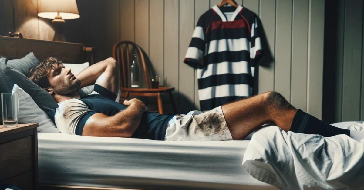 A sleeping rugby player on his bed