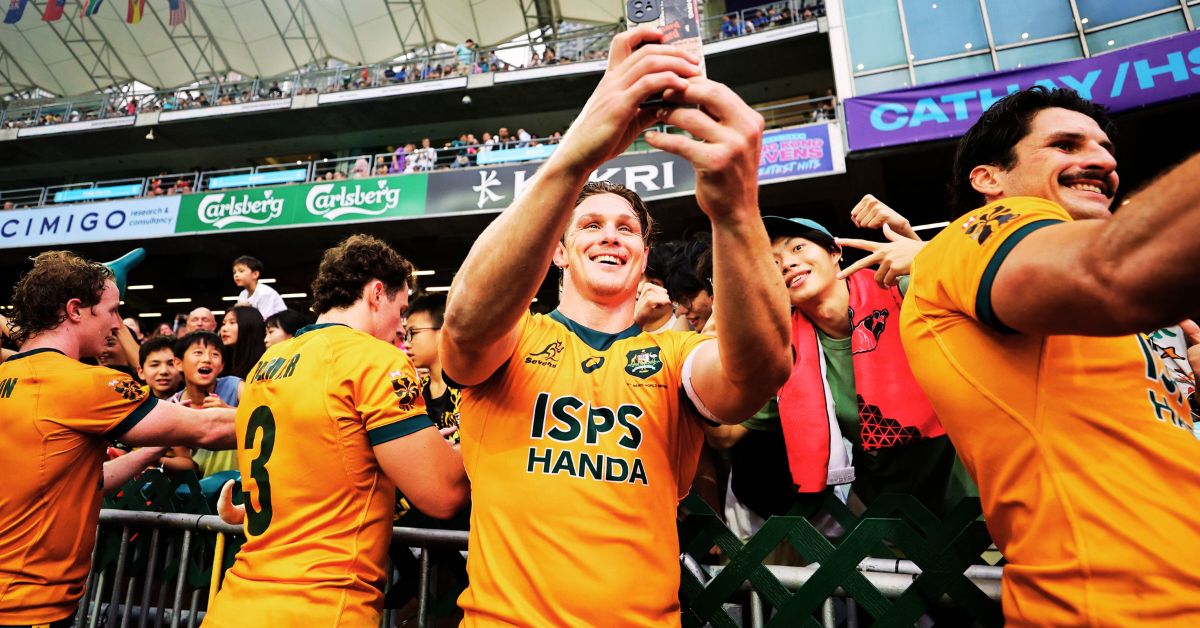 Australia’s Michael Hooper takes a selfie with fans on day one of the Cathay/ HSBC Hong Kong Sevens at Hong Kong Stadium on 5 April, 2024 in Hong Kong, China