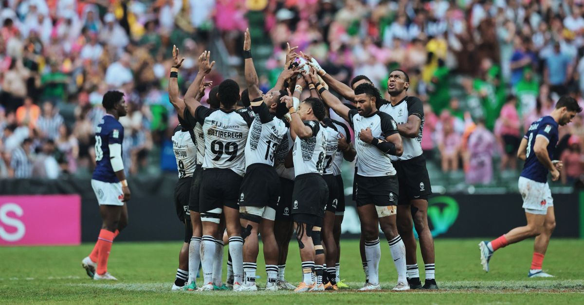 Fiji team huddle before the game against France on day two of the Cathay/ HSBC Hong Kong Sevens at Hong Kong Stadium on 6 April, 2024 in Hong Kong, China.