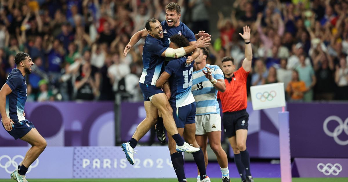 France players celebrate the quarter final win over Argentina on day two of the Paris 2024 Olympic Games at Stade de France on 25 July, 2024 in Paris.