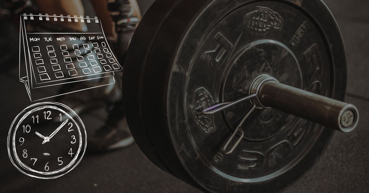 A barbell and a claendar and a clock