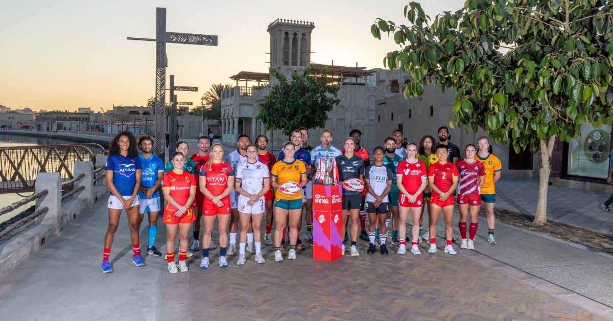 DUBAI, UAE - NOVEMBER 27: Men’s captains pose for portrait prior to the 2024 Emirates Dubai 7s on November 27, 2024 in Dubai, UAE