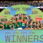 South Africa and New Zelaand celebrate their Cup victories at the 2024 Cape Town 7s at DHL Stadium on Sunday, Dec 8, 2024 in Cape Town, South Africa