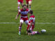 om Voyce congratulates Henry Trinder for his try in H-Cup match vs Toulouse