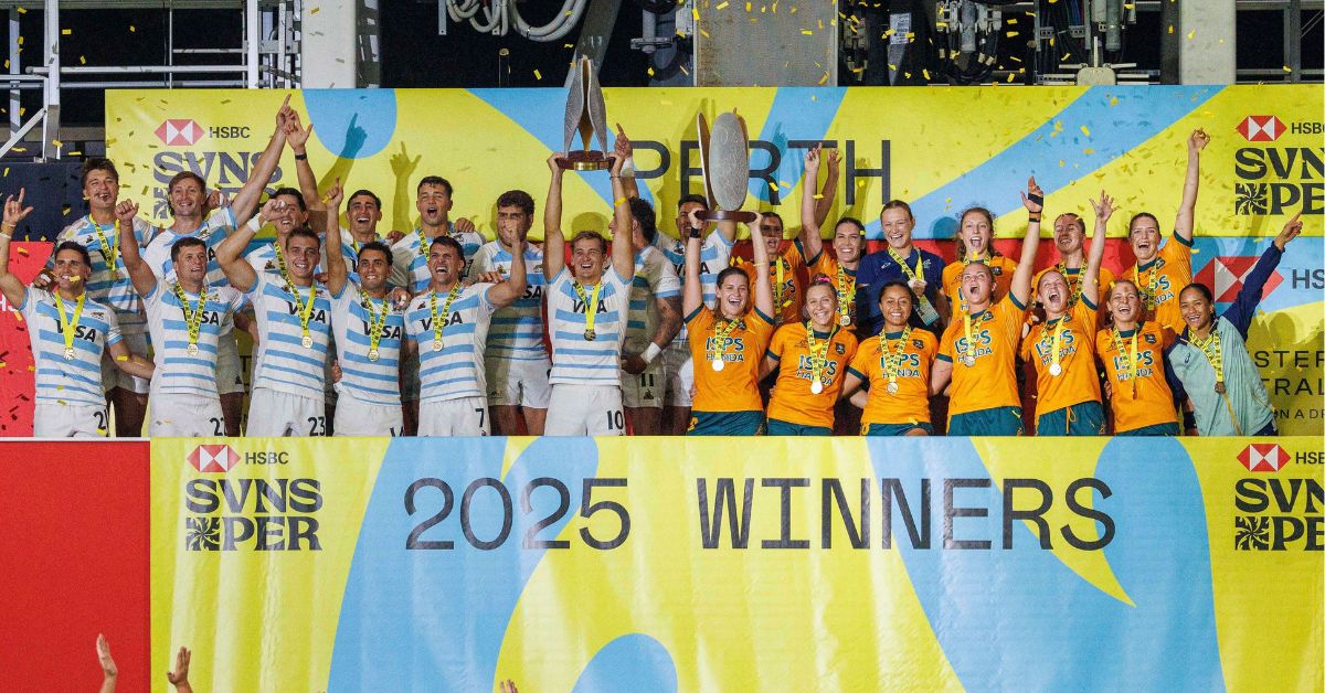 Argentina and Australia celebrate their Cup Final Victories at the 2025 HSBC SVNS Perth at HBF Park on January 26, 2025 in Perth, Australia.