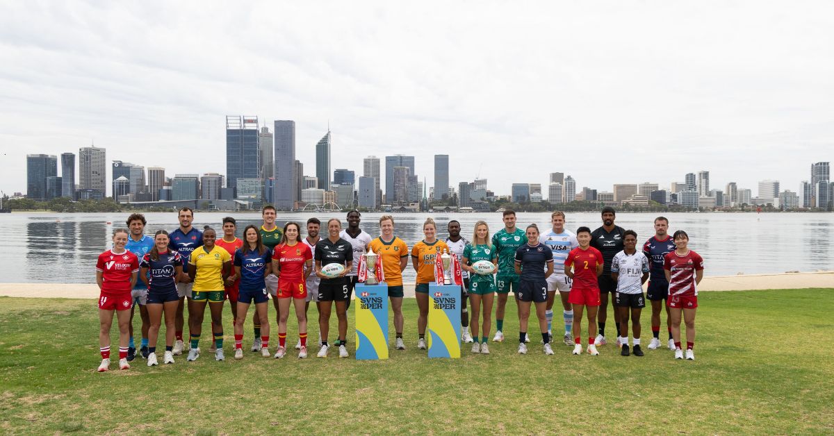 PERTH, AUS - January 22: Women's and men's team captains pose for a photo prior to the 2025 HSBC SVNS Perth at the South Perth Foreshore on January 22, 2025 in Perth, Australia.