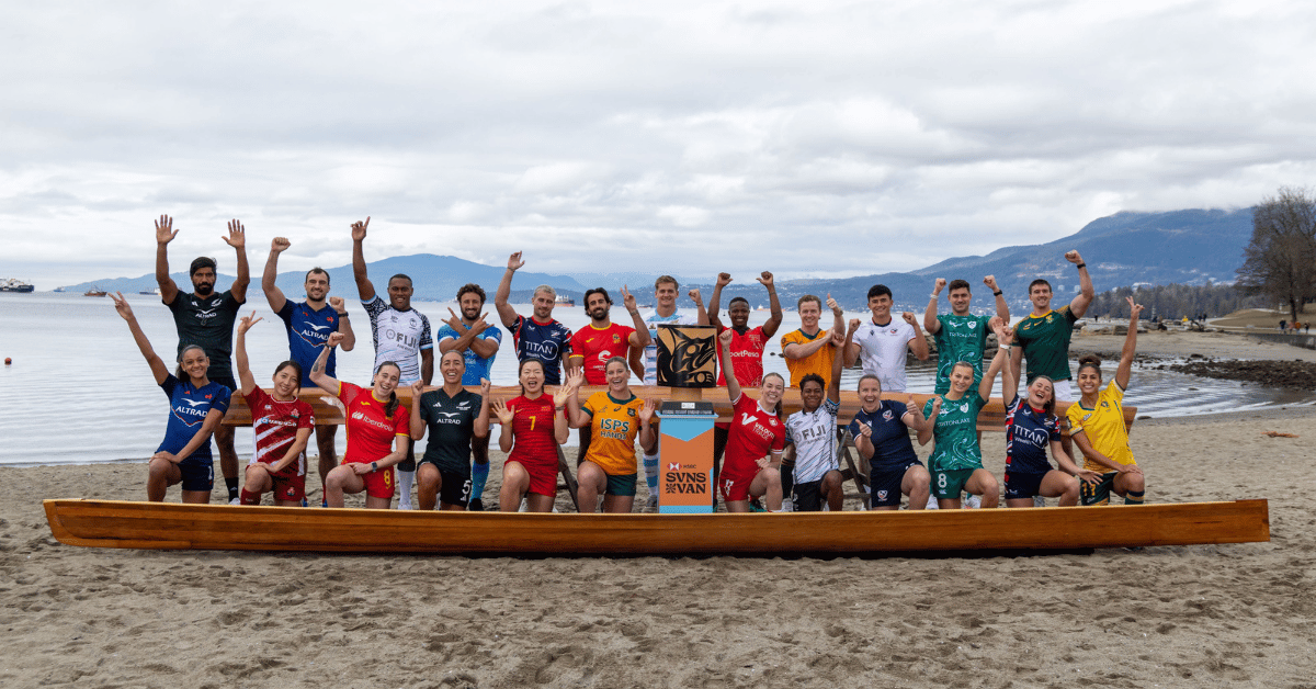 Women's and men's team captains pose for a photo prior to the 2025 HSBC SVNS Vancouver at BC Place on February 19, 2025 in Vancouver, British Columbia.