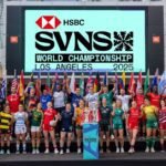 Women's and men's team captains pose for a photo prior to the 2025 HSBC SVNS Los Angeles at LA Live on May 1, 2025 in Los Angeles, California