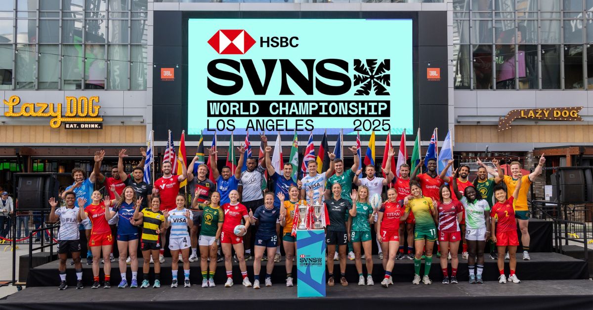 Women's and men's team captains pose for a photo prior to the 2025 HSBC SVNS Los Angeles at LA Live on May 1, 2025 in Los Angeles, California