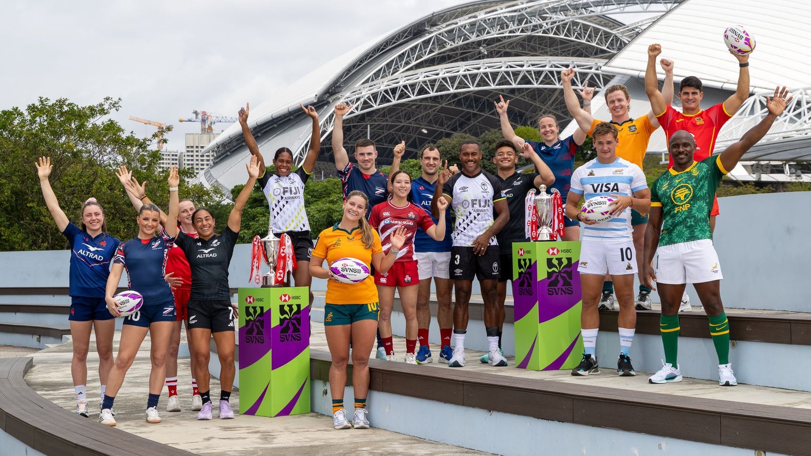 Women's and men's team captains pose for a photo prior to the 2026 HSBC SVNS Singapore at National Stadium on January 28, 2026 in Singapore.