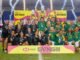 New Zealand women and South Africa men celebrate their 2026 Series victory at the 2026 HSBC SVNS New York at Sports Illustrated Stadium on March 15, 2026 in Harrison, New Jersey.