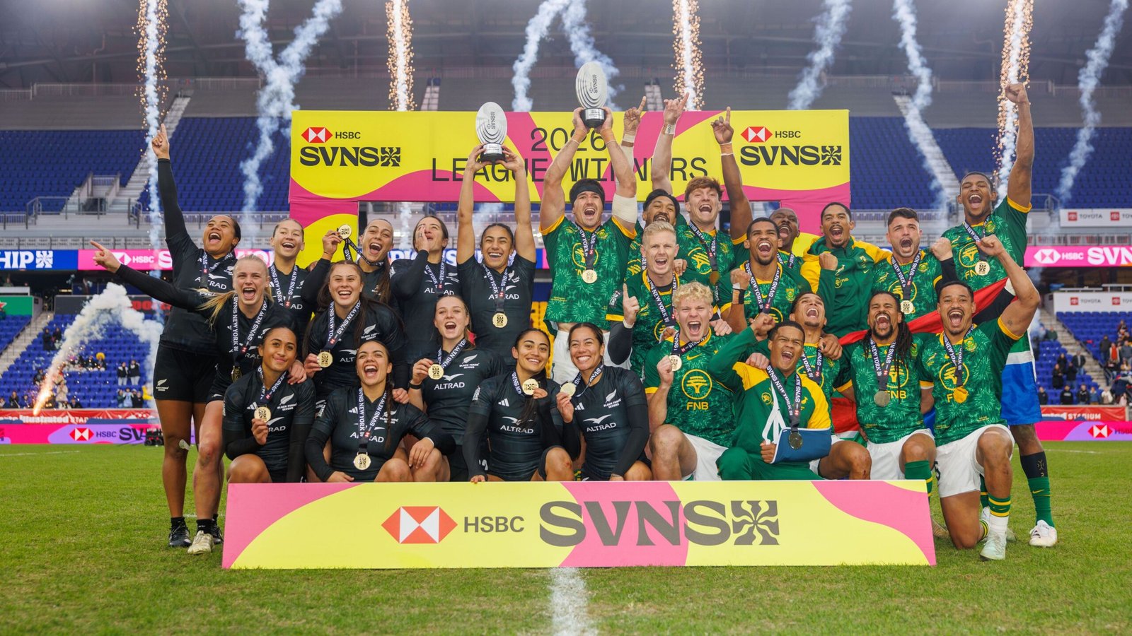 New Zealand women and South Africa men celebrate their 2026 Series victory at the 2026 HSBC SVNS New York at Sports Illustrated Stadium on March 15, 2026 in Harrison, New Jersey.